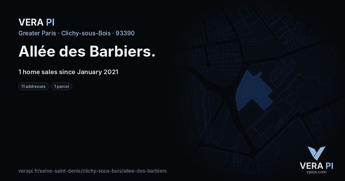 Allée des Barbiers, Clichy-sous-Bois at night – every parcel coloured by the prices around it, the street's own parcels lit