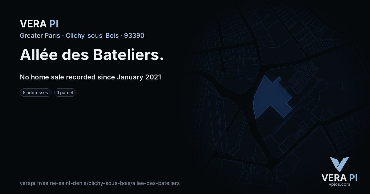 Allée des Bateliers, Clichy-sous-Bois at night – every parcel coloured by the prices around it, the street's own parcels lit
