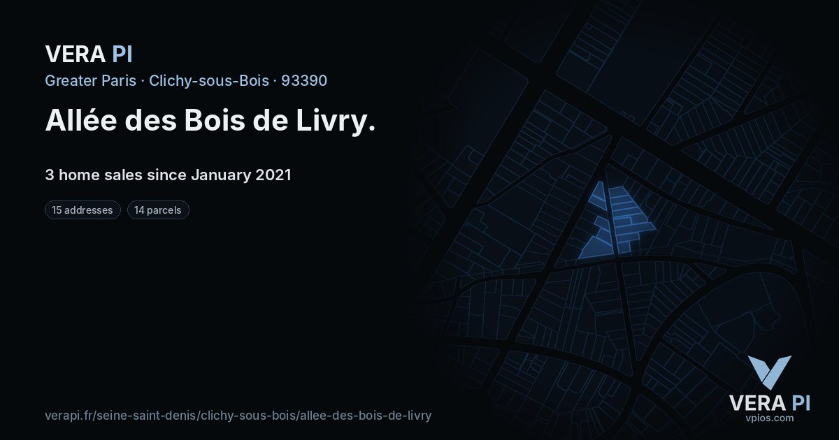 Allée des Bois de Livry, Clichy-sous-Bois at night – every parcel coloured by the prices around it, the street's own parcels lit