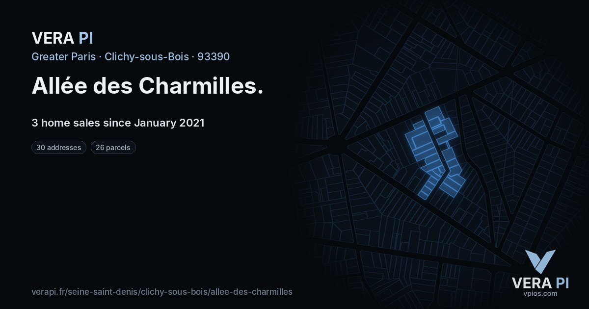 Allée des Charmilles, Clichy-sous-Bois at night – every parcel coloured by the prices around it, the street's own parcels lit