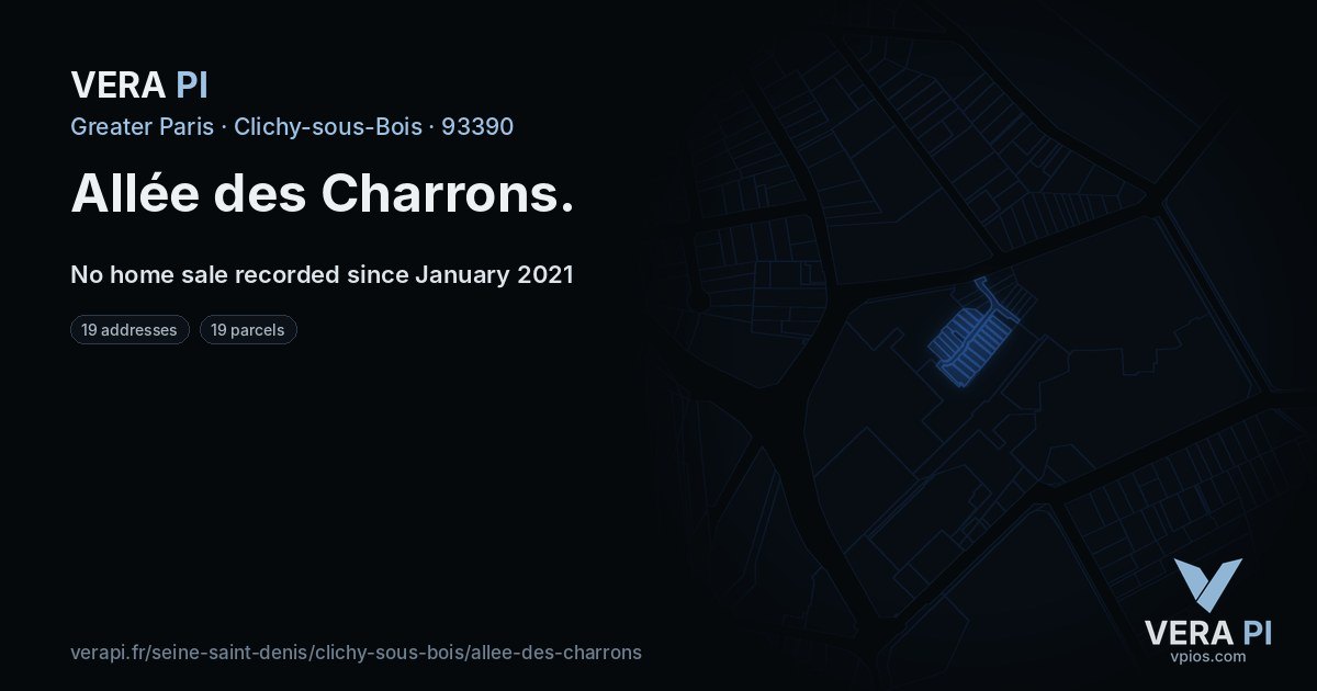 Allée des Charrons, Clichy-sous-Bois at night – every parcel coloured by the prices around it, the street's own parcels lit