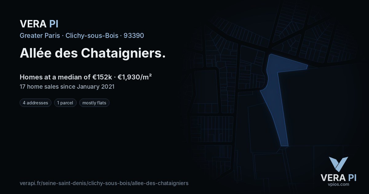 Allée des Chataigniers, Clichy-sous-Bois at night – every parcel coloured by the prices around it, the street's own parcels lit