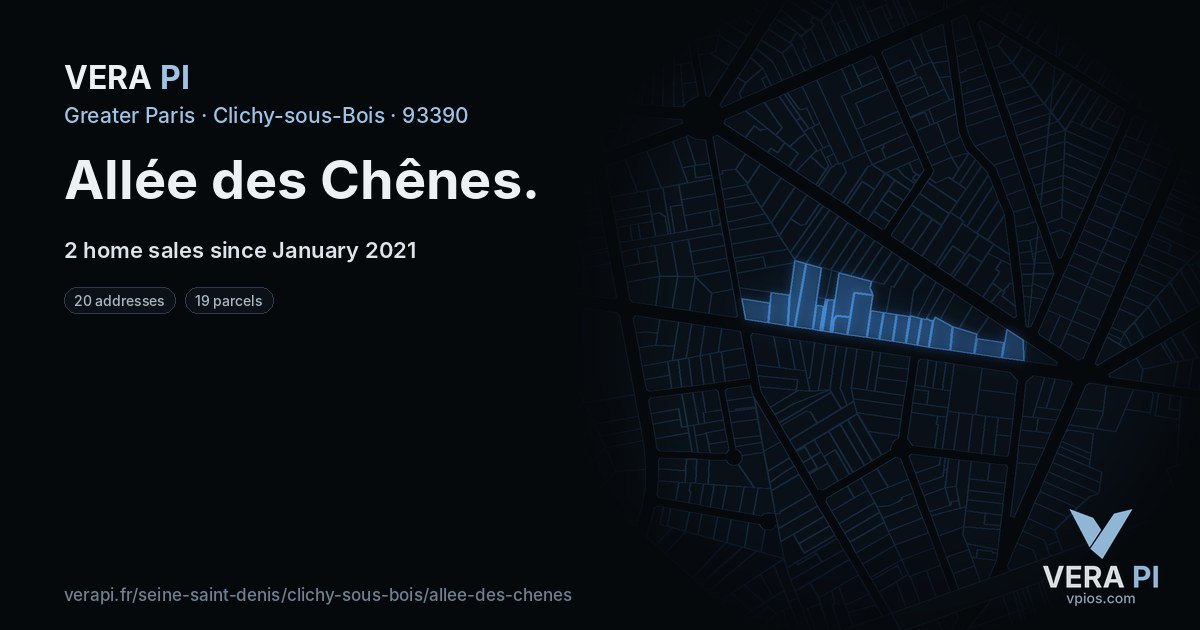 Allée des Chênes, Clichy-sous-Bois at night – every parcel coloured by the prices around it, the street's own parcels lit