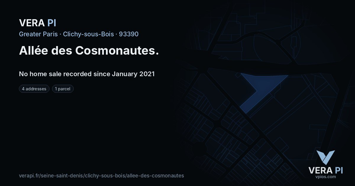 Allée des Cosmonautes, Clichy-sous-Bois at night – every parcel coloured by the prices around it, the street's own parcels lit