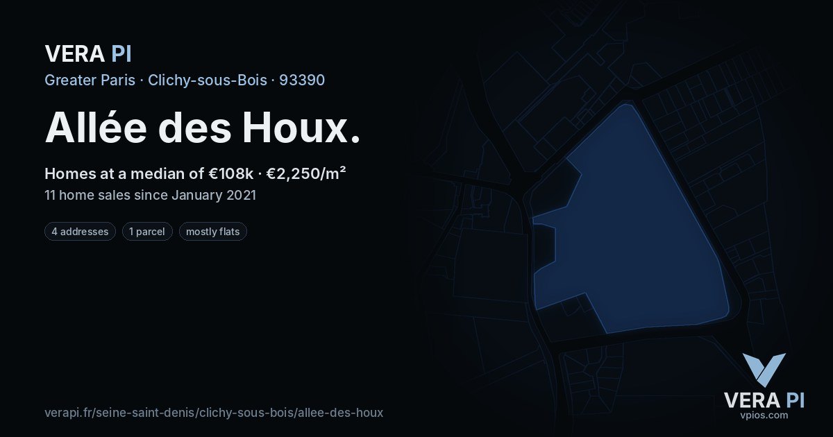 Allée des Houx, Clichy-sous-Bois at night – every parcel coloured by the prices around it, the street's own parcels lit
