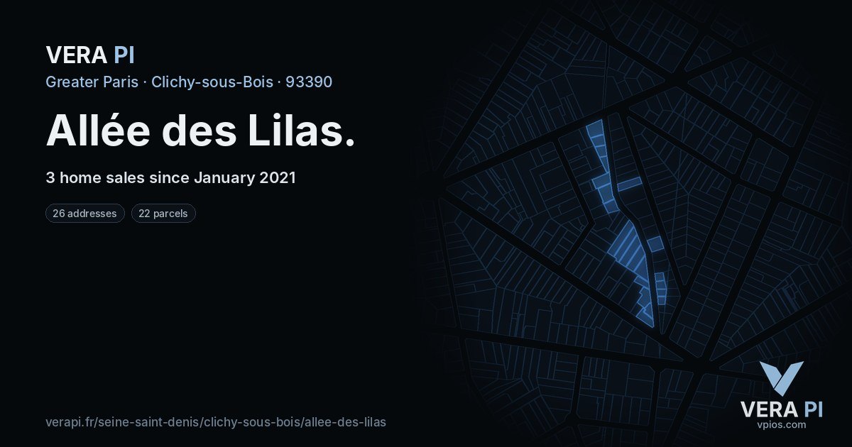 Allée des Lilas, Clichy-sous-Bois at night – every parcel coloured by the prices around it, the street's own parcels lit