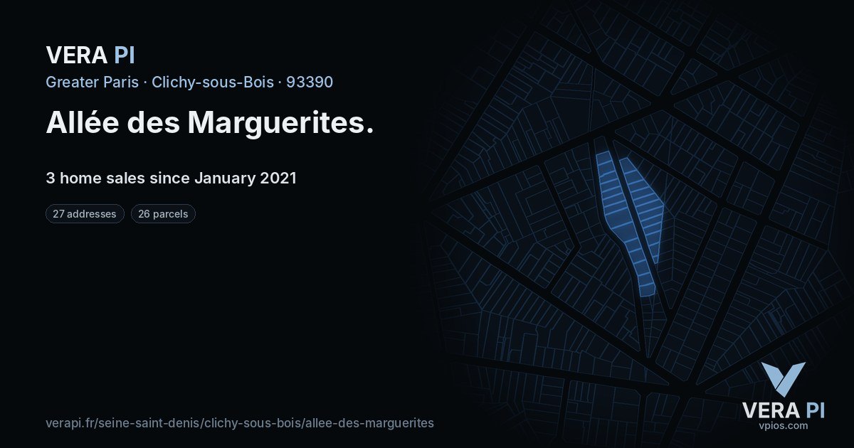 Allée des Marguerites, Clichy-sous-Bois at night – every parcel coloured by the prices around it, the street's own parcels lit