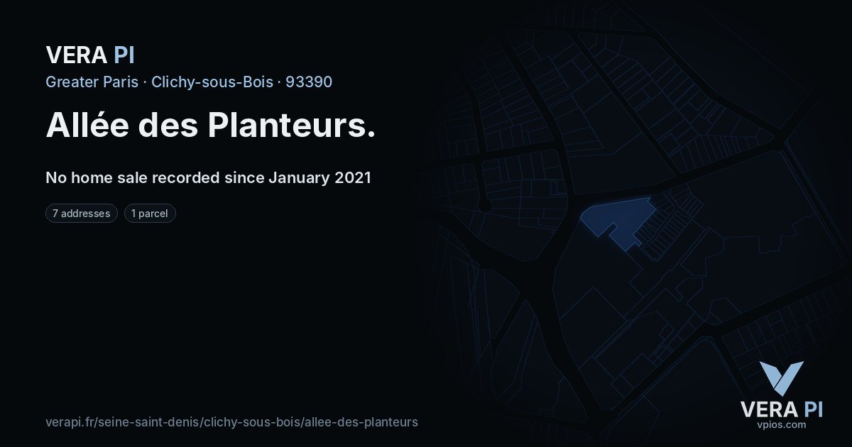 Allée des Planteurs, Clichy-sous-Bois at night – every parcel coloured by the prices around it, the street's own parcels lit