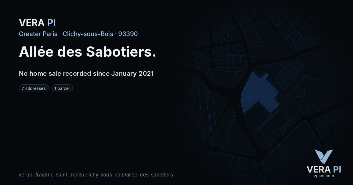 Allée des Sabotiers, Clichy-sous-Bois at night – every parcel coloured by the prices around it, the street's own parcels lit