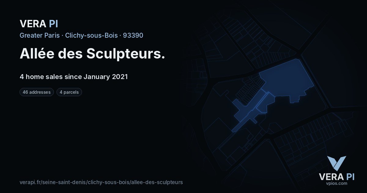 Allée des Sculpteurs, Clichy-sous-Bois at night – every parcel coloured by the prices around it, the street's own parcels lit