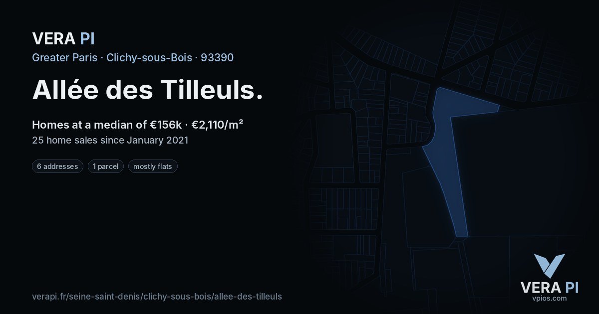 Allée des Tilleuls, Clichy-sous-Bois at night – every parcel coloured by the prices around it, the street's own parcels lit