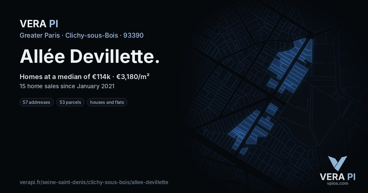 Allée Devillette, Clichy-sous-Bois at night – every parcel coloured by the prices around it, the street's own parcels lit
