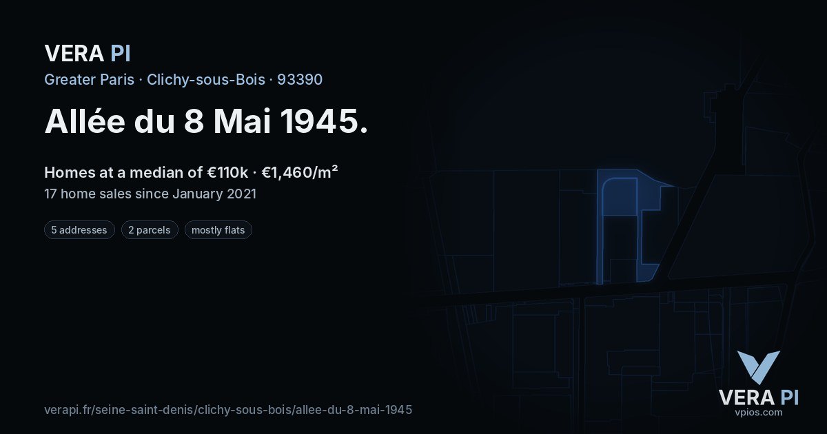 Allée du 8 Mai 1945, Clichy-sous-Bois at night – every parcel coloured by the prices around it, the street's own parcels lit