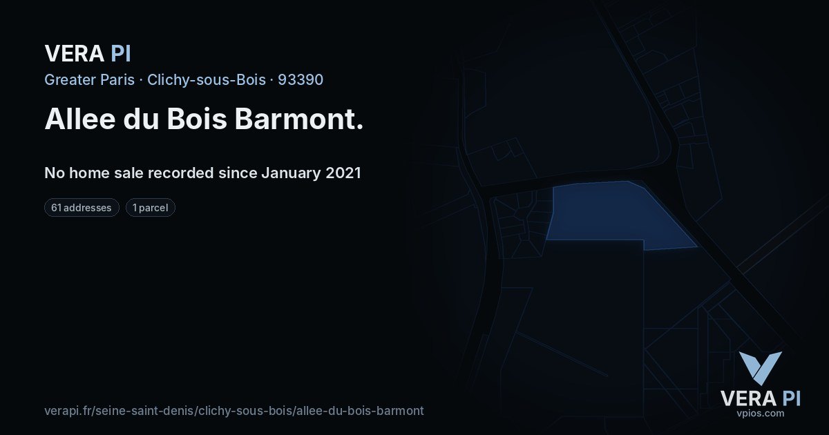 Allee du Bois Barmont, Clichy-sous-Bois at night – every parcel coloured by the prices around it, the street's own parcels lit