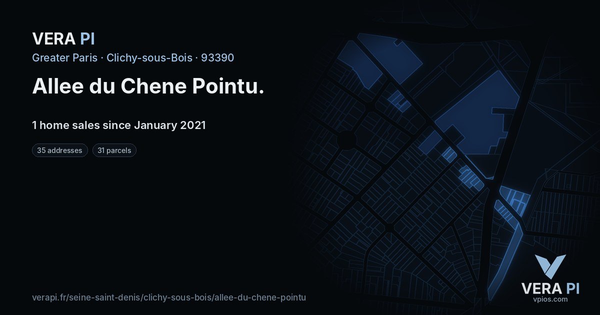 Allee du Chene Pointu, Clichy-sous-Bois at night – every parcel coloured by the prices around it, the street's own parcels lit