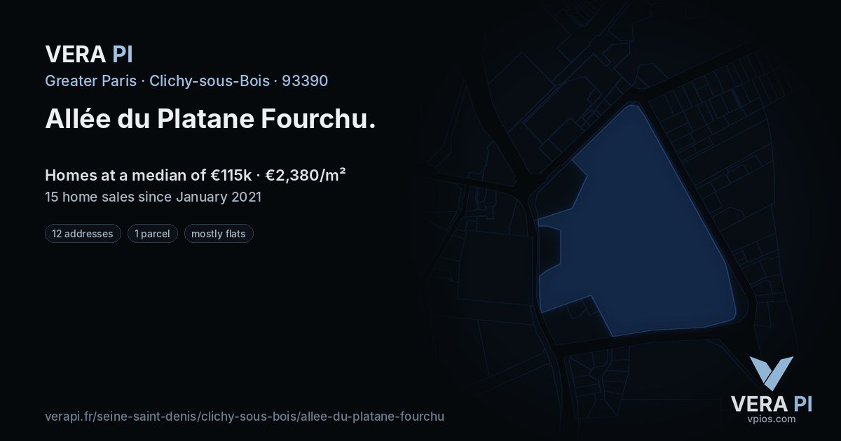 Allée du Platane Fourchu, Clichy-sous-Bois at night – every parcel coloured by the prices around it, the street's own parcels lit