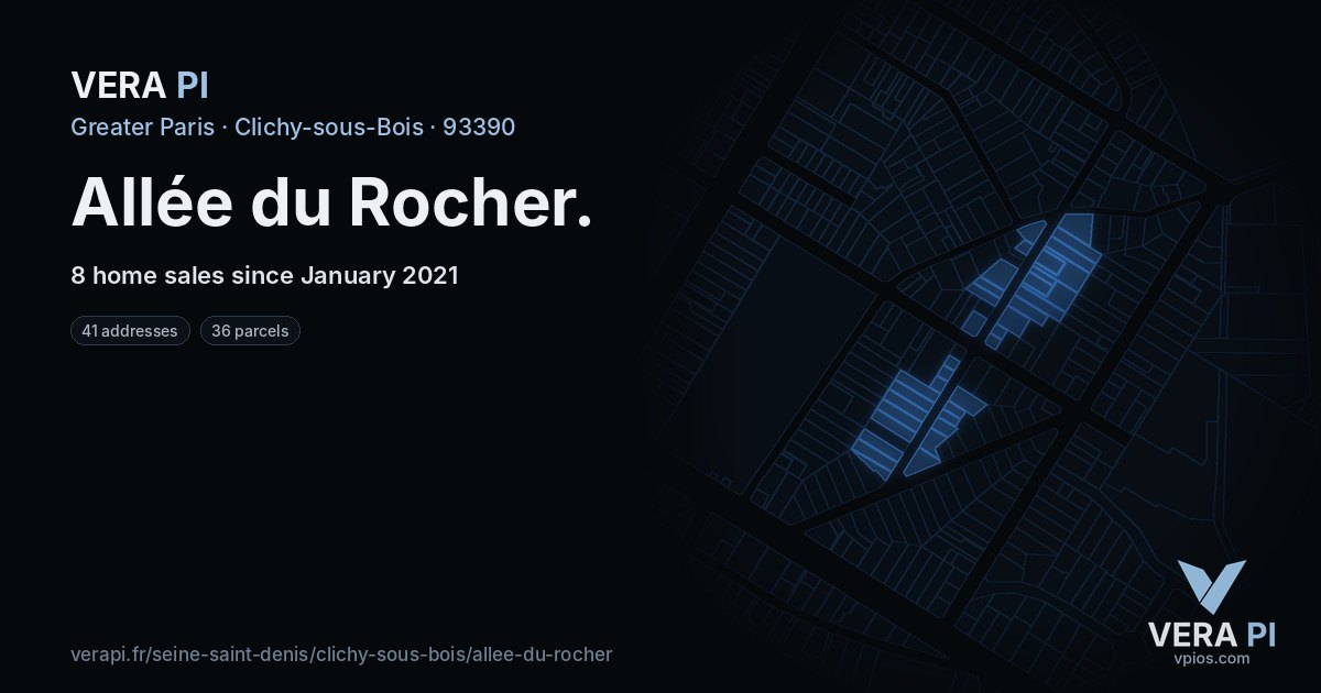 Allée du Rocher, Clichy-sous-Bois at night – every parcel coloured by the prices around it, the street's own parcels lit