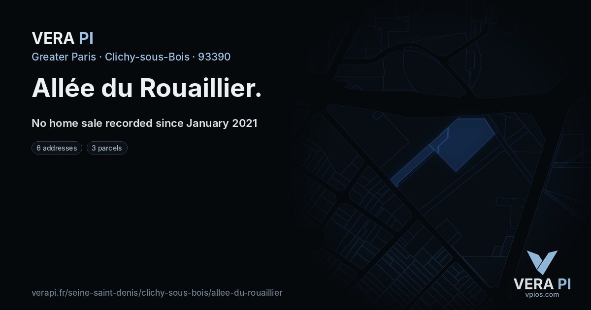 Allée du Rouaillier, Clichy-sous-Bois at night – every parcel coloured by the prices around it, the street's own parcels lit