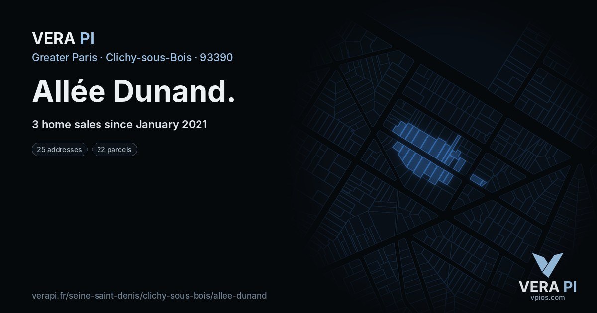 Allée Dunand, Clichy-sous-Bois at night – every parcel coloured by the prices around it, the street's own parcels lit