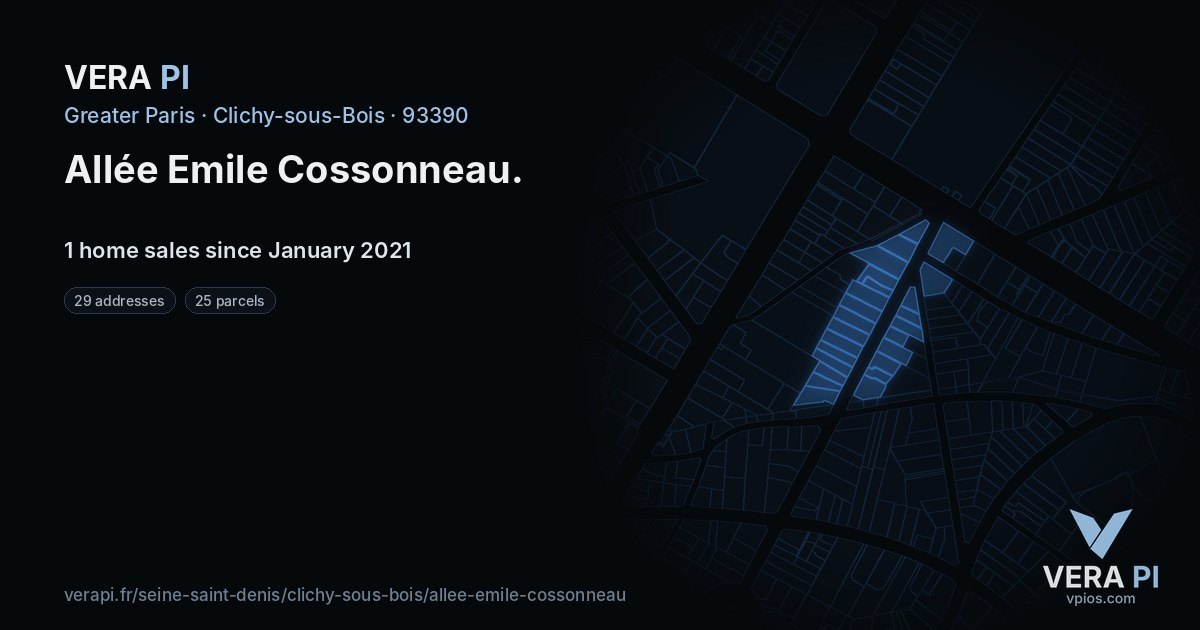 Allée Emile Cossonneau, Clichy-sous-Bois at night – every parcel coloured by the prices around it, the street's own parcels lit