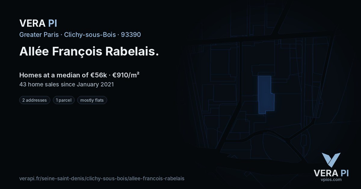 Allée François Rabelais, Clichy-sous-Bois at night – every parcel coloured by the prices around it, the street's own parcels lit