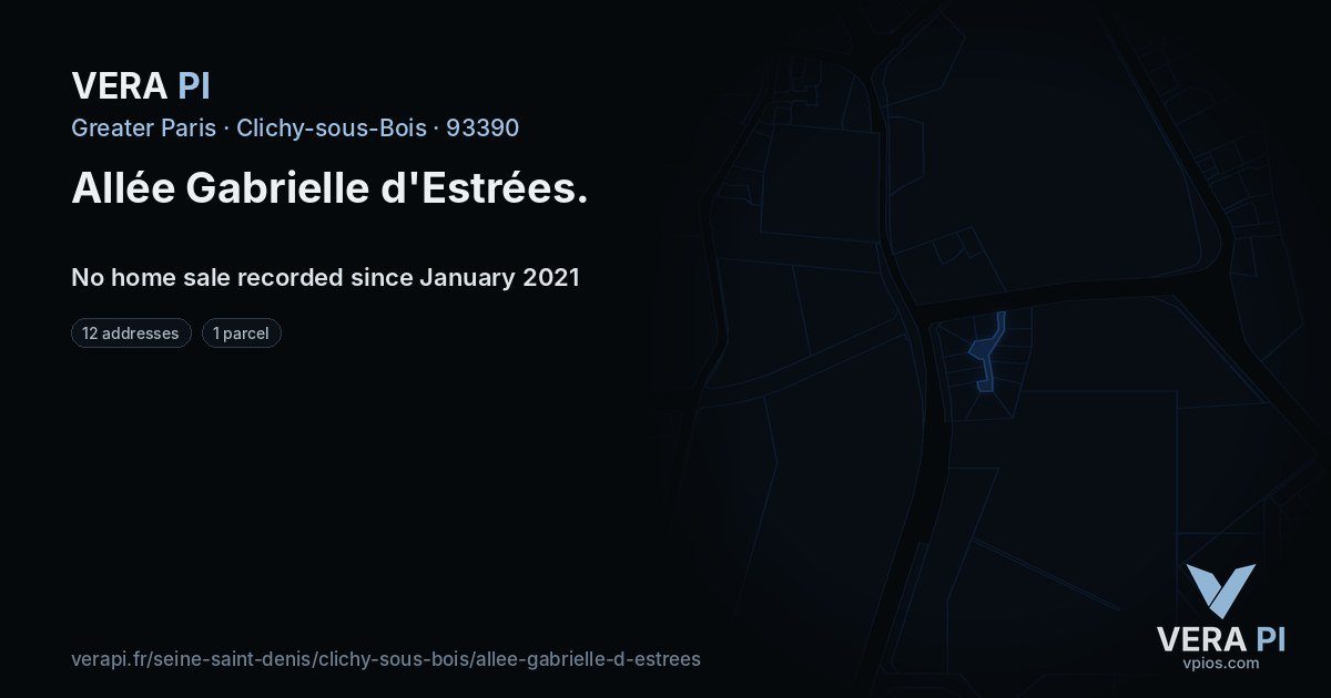 Allée Gabrielle d'Estrées, Clichy-sous-Bois at night – every parcel coloured by the prices around it, the street's own parcels lit