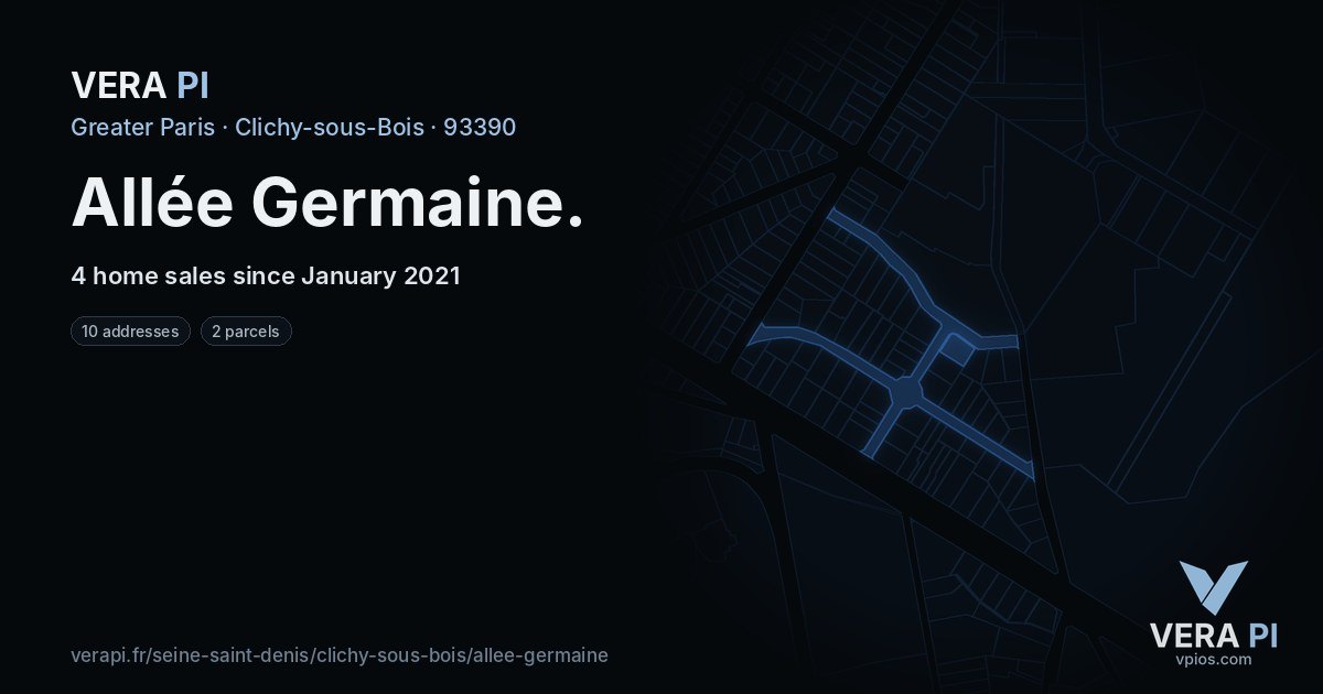 Allée Germaine, Clichy-sous-Bois at night – every parcel coloured by the prices around it, the street's own parcels lit