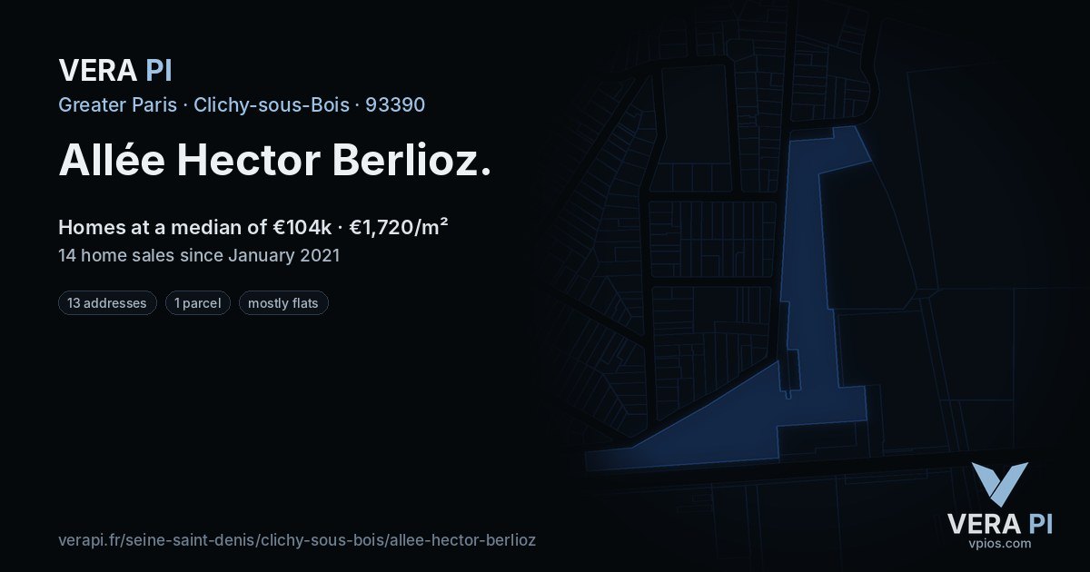 Allée Hector Berlioz, Clichy-sous-Bois at night – every parcel coloured by the prices around it, the street's own parcels lit