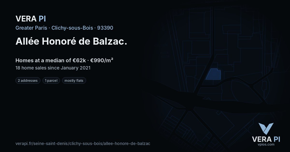 Allée Honoré de Balzac, Clichy-sous-Bois at night – every parcel coloured by the prices around it, the street's own parcels lit