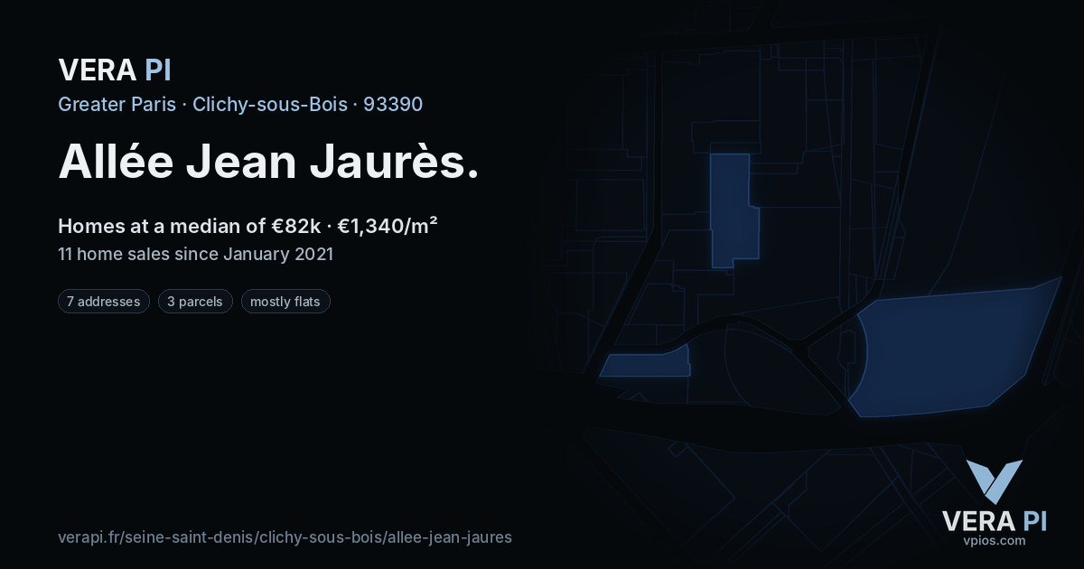 Allée Jean Jaurès, Clichy-sous-Bois at night – every parcel coloured by the prices around it, the street's own parcels lit