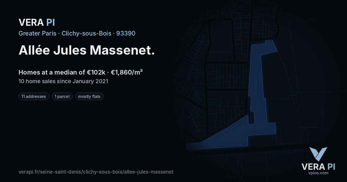 Allée Jules Massenet, Clichy-sous-Bois at night – every parcel coloured by the prices around it, the street's own parcels lit