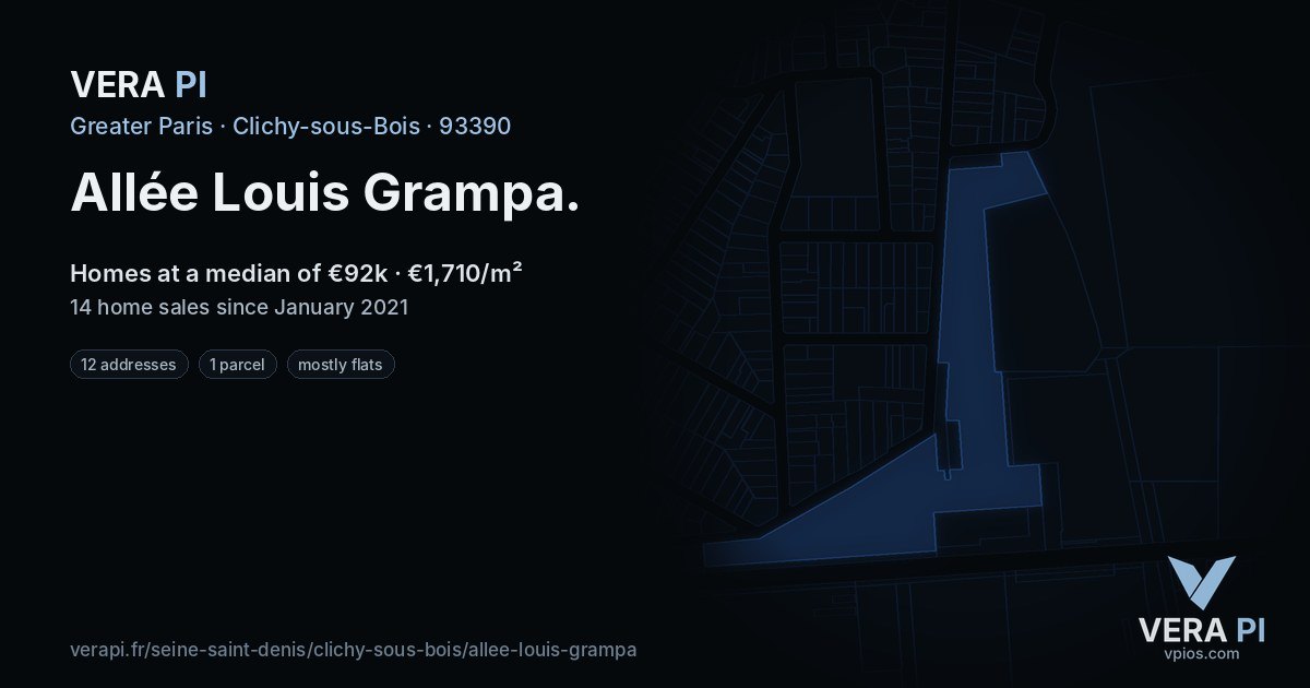Allée Louis Grampa, Clichy-sous-Bois at night – every parcel coloured by the prices around it, the street's own parcels lit
