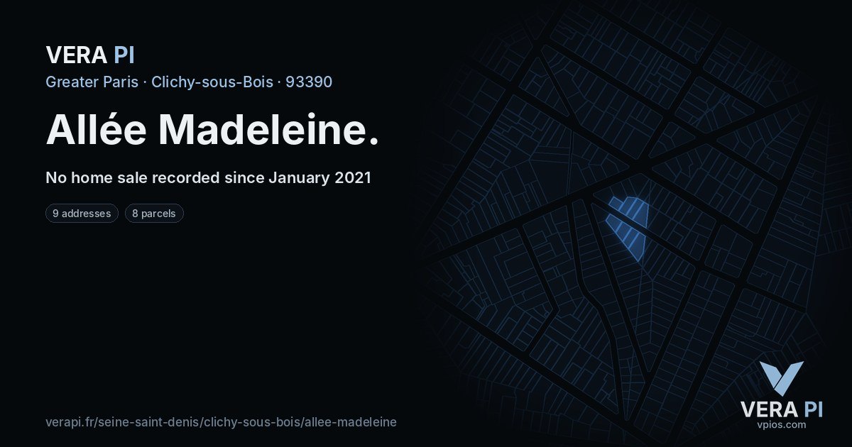 Allée Madeleine, Clichy-sous-Bois at night – every parcel coloured by the prices around it, the street's own parcels lit