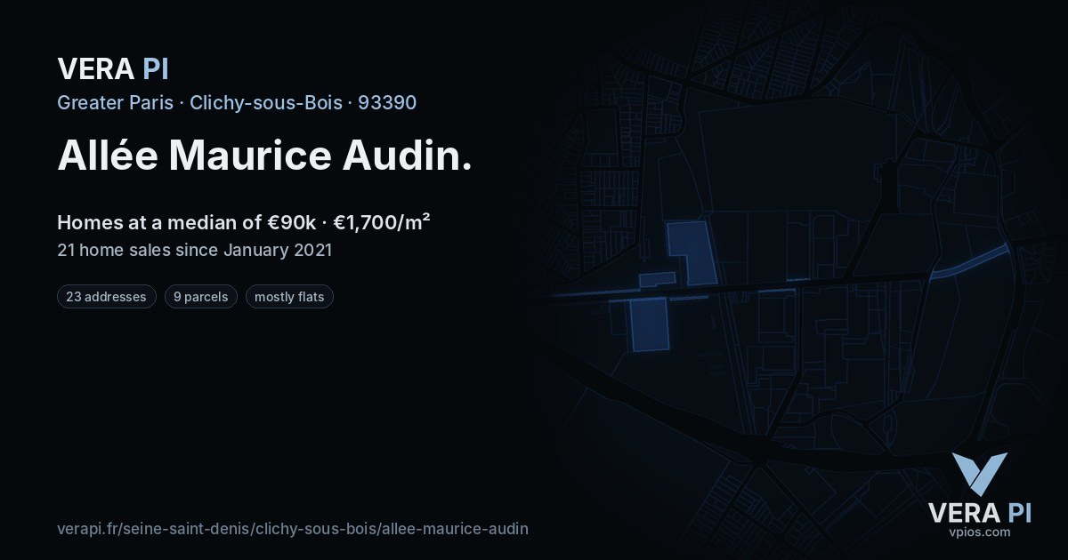Allée Maurice Audin, Clichy-sous-Bois at night – every parcel coloured by the prices around it, the street's own parcels lit