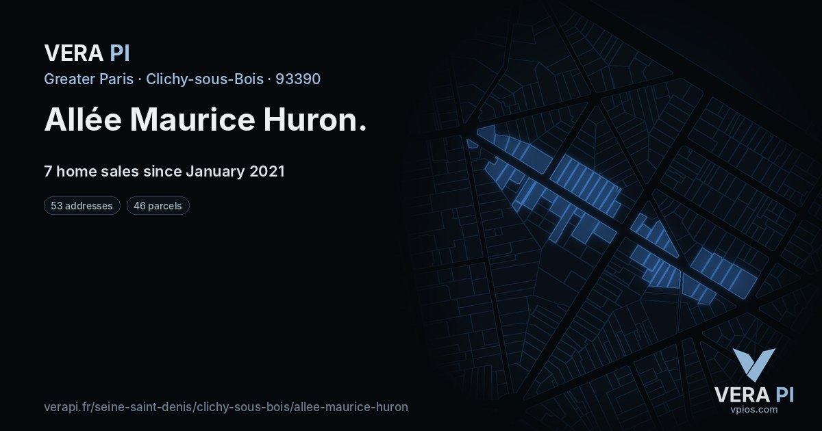 Allée Maurice Huron, Clichy-sous-Bois at night – every parcel coloured by the prices around it, the street's own parcels lit