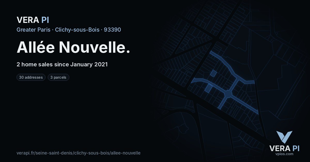 Allée Nouvelle, Clichy-sous-Bois at night – every parcel coloured by the prices around it, the street's own parcels lit