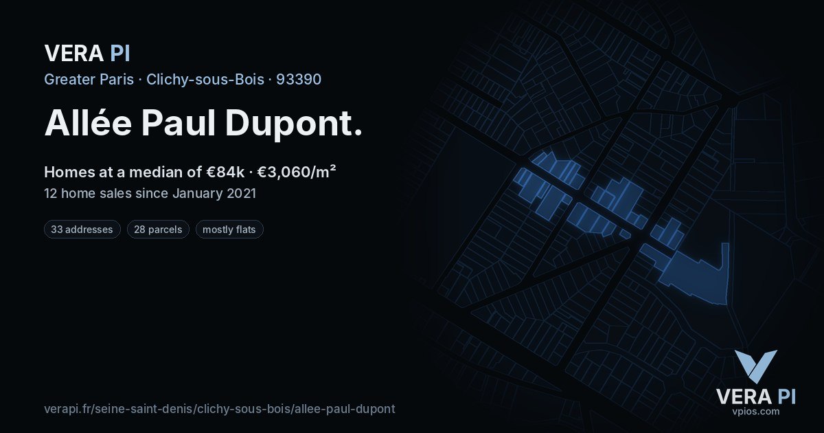 Allée Paul Dupont, Clichy-sous-Bois at night – every parcel coloured by the prices around it, the street's own parcels lit