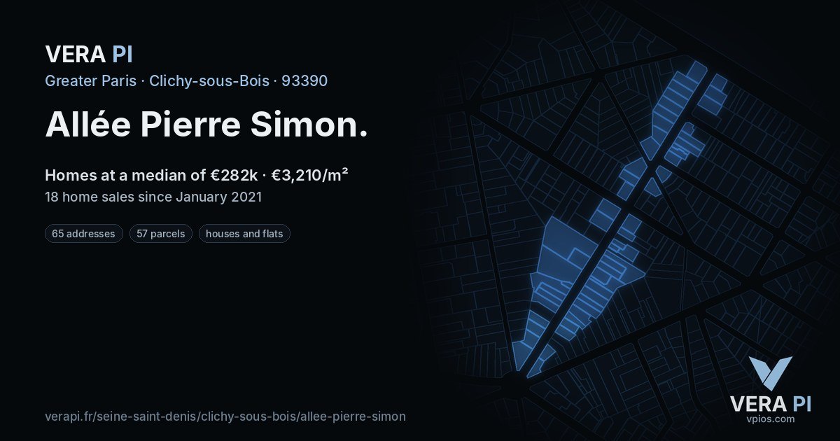 Allée Pierre Simon, Clichy-sous-Bois at night – every parcel coloured by the prices around it, the street's own parcels lit
