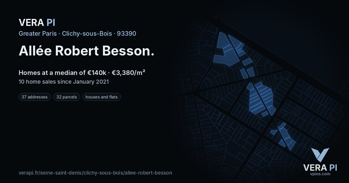 Allée Robert Besson, Clichy-sous-Bois at night – every parcel coloured by the prices around it, the street's own parcels lit