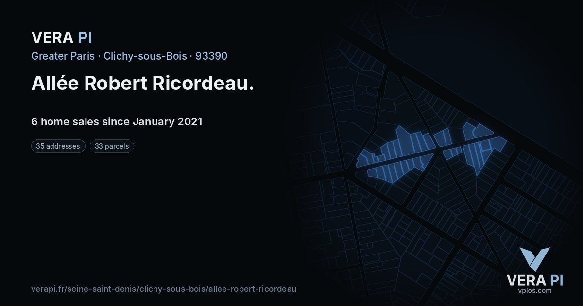 Allée Robert Ricordeau, Clichy-sous-Bois at night – every parcel coloured by the prices around it, the street's own parcels lit