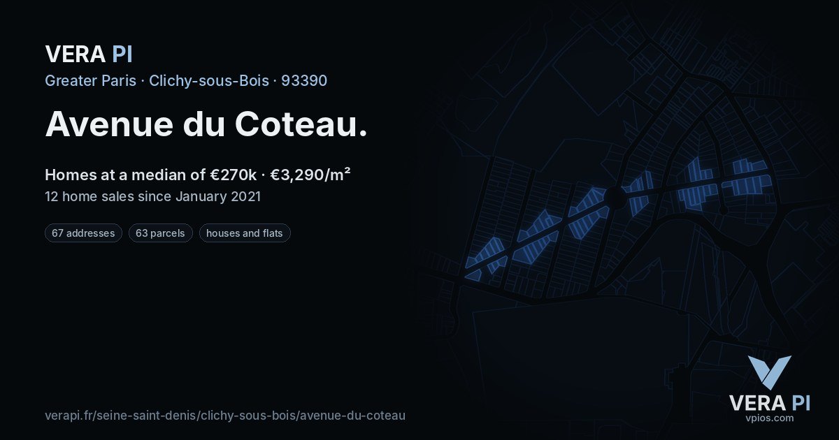 Avenue du Coteau, Clichy-sous-Bois at night – every parcel coloured by the prices around it, the street's own parcels lit