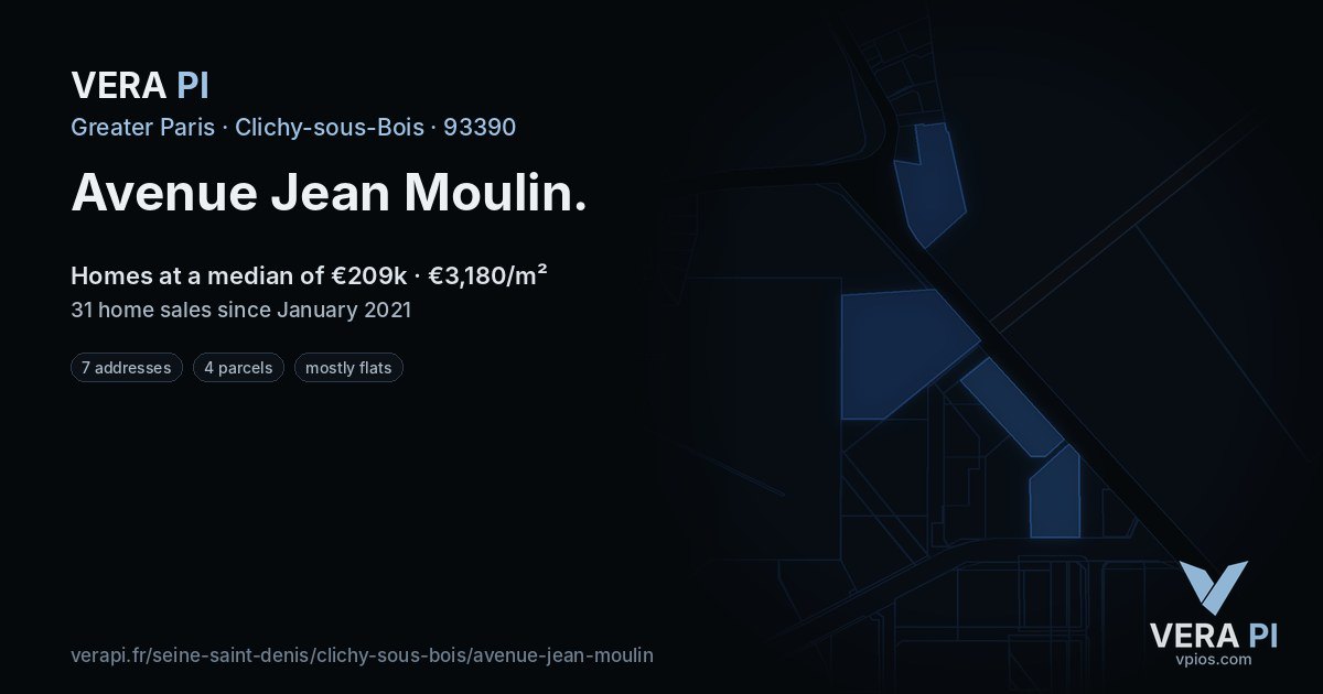Avenue Jean Moulin, Clichy-sous-Bois at night – every parcel coloured by the prices around it, the street's own parcels lit