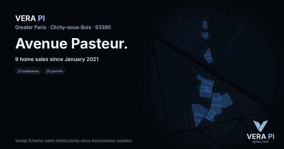 Avenue Pasteur, Clichy-sous-Bois at night – every parcel coloured by the prices around it, the street's own parcels lit