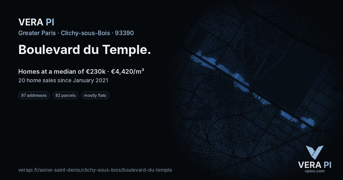 Boulevard du Temple, Clichy-sous-Bois at night – every parcel coloured by the prices around it, the street's own parcels lit