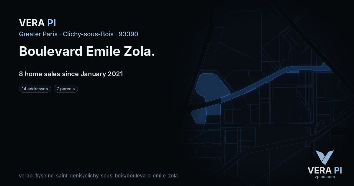 Boulevard Emile Zola, Clichy-sous-Bois at night – every parcel coloured by the prices around it, the street's own parcels lit