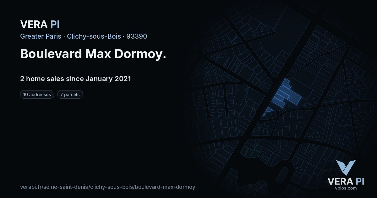 Boulevard Max Dormoy, Clichy-sous-Bois at night – every parcel coloured by the prices around it, the street's own parcels lit