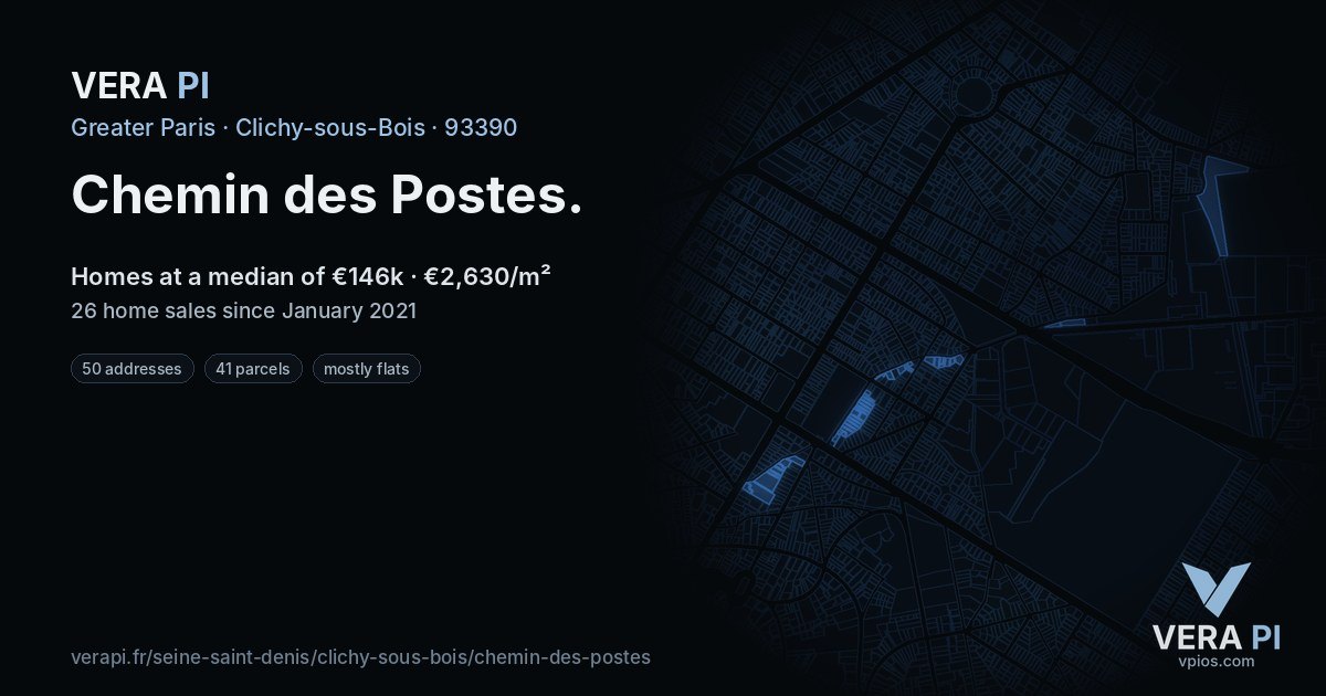 Chemin des Postes, Clichy-sous-Bois at night – every parcel coloured by the prices around it, the street's own parcels lit