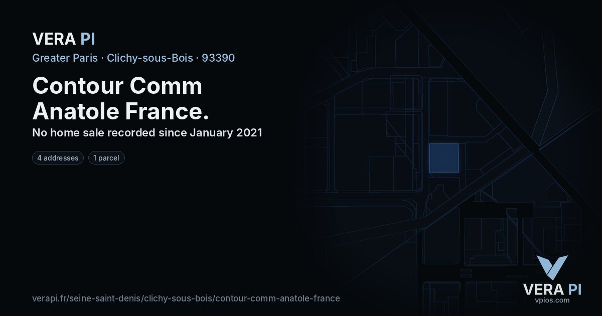 Contour Comm Anatole France, Clichy-sous-Bois at night – every parcel coloured by the prices around it, the street's own parcels lit