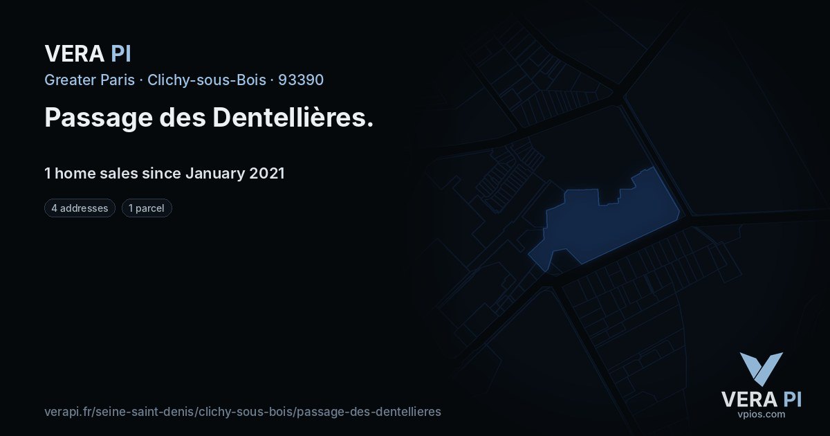 Passage des Dentellières, Clichy-sous-Bois at night – every parcel coloured by the prices around it, the street's own parcels lit