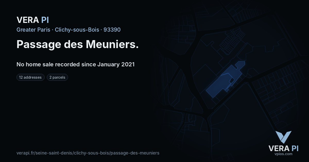 Passage des Meuniers, Clichy-sous-Bois at night – every parcel coloured by the prices around it, the street's own parcels lit